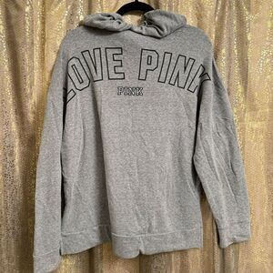 PINK Victorias Secret Soft Stertchy Gray Love Pink Lace Up Hooded Sweater Medium